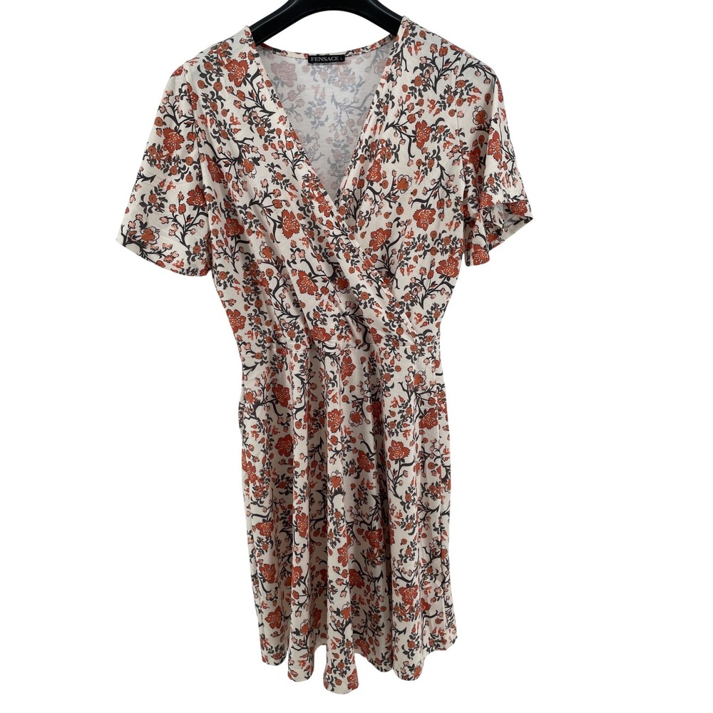 Floral Faux Wrap Dress Women Large Ivory‎ Burnt Orange Short Boho Cottagecore